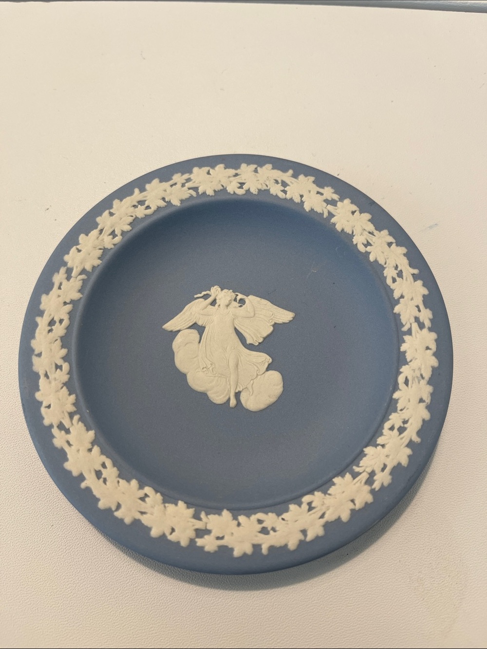 Vintage Blue Wedgwood Jasperware 4.75" Trinket Dish White Angel Relief